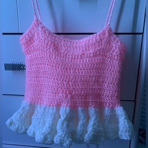 Pink and white ruffle top, handmade and never worn! White is sparkly.